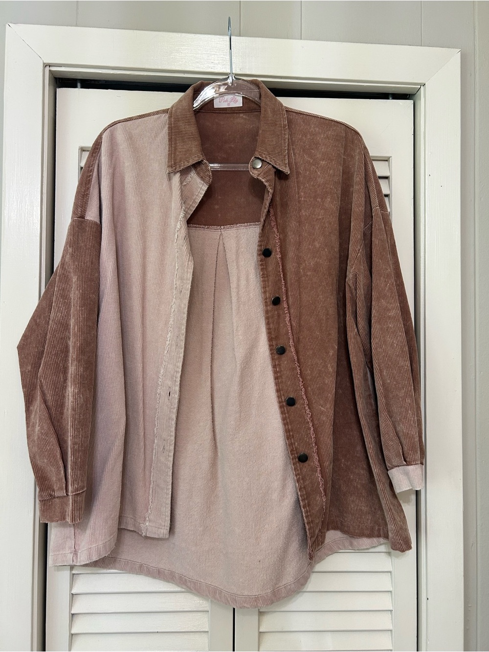 Pink Lily mauve and pink light button up jacket.